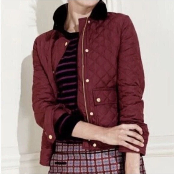 J Crew Quilted Barn Down Field Jacket XS Burgundy Chore Corduroy Collar Preppy - Picture 1 of 14